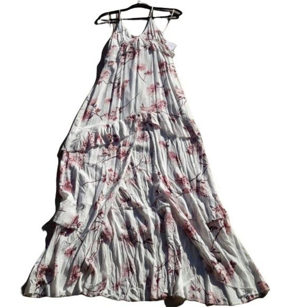 Cotton Candy Boho Romantic Feminine‎ Floral Raw Hem High Slit Maxi Dress Sz M